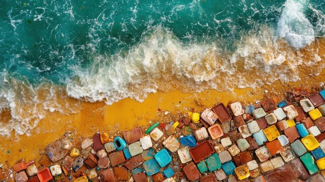 A heavily littered city beach shore with abundant plastic waste and debris washed ashore by the ocean waves after a busy holiday weekend.