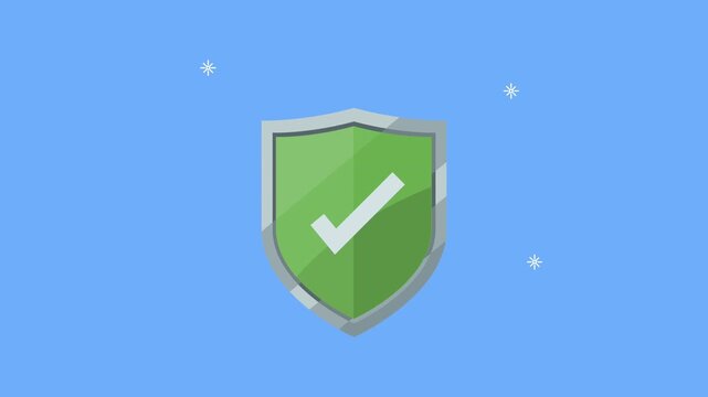 Animated green shield with white check mark on blue background representing cybersecurity and digital protection.