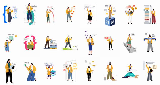 Comprehensive Collection of Web Development and Coding Illustrations Featuring Female Programmers and Modern Design Concepts