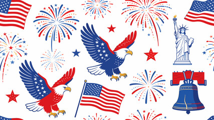 Seamless pattern of American patriotic symbols including bald eagles, flags, fireworks, Statue of Liberty, and Liberty Bell on a white background. © Narutoab
