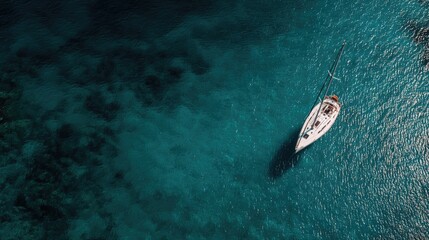 Naklejka premium Aerial View of a Yacht Sailing on Crystal Clear Turquoise Waters Surrounded by Rocky Seabed and Lush Natural Beauty in a Tropical Paradise