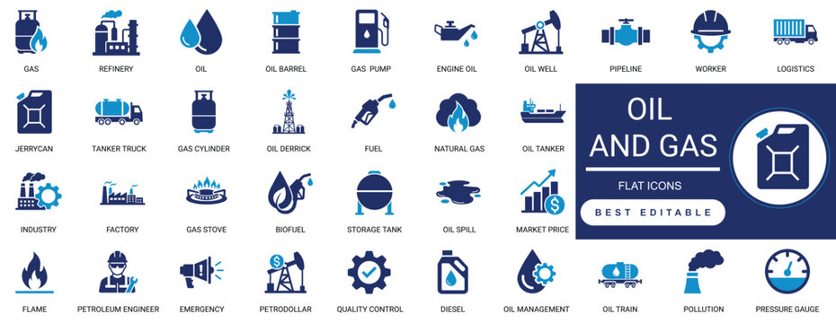 oil and gas icon set. fuel, petrol, refinery, pipeline, cargo, economy, transport, barrel, rig, pump. editable  solid vector illustration