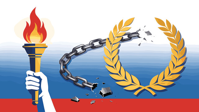 Symbolic illustration of a hand holding a flaming torch, a broken chain, and a shattered laurel wreath against a red, white, and blue background, representing freedom and lost glory.