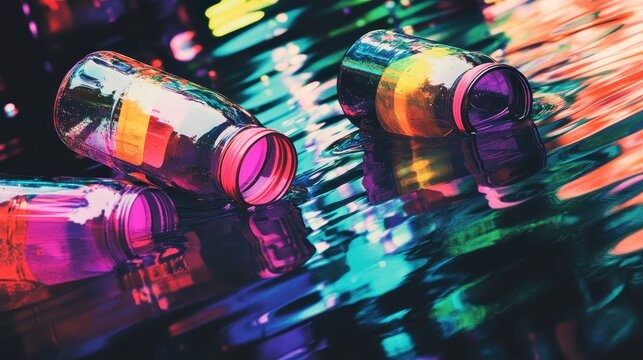 Colorful plastic bottles floating on a shimmering lake surface reflecting vibrant light after a storm