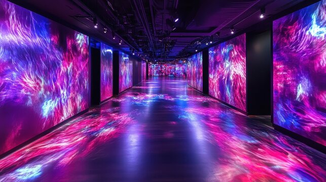 An immersive modern creative hallway gallery with vibrant abstract light installations and glowing floor projections, offering a futuristic visual experience.