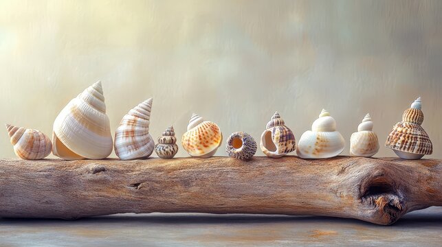 Artistic Display of Diverse Seashells Arranged on Weathered Driftwood, Celebrating Nature's Intricate Designs