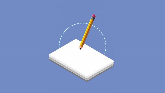 Isometric animation of yellow pencil writing on white paper stack against blue background with motion path.