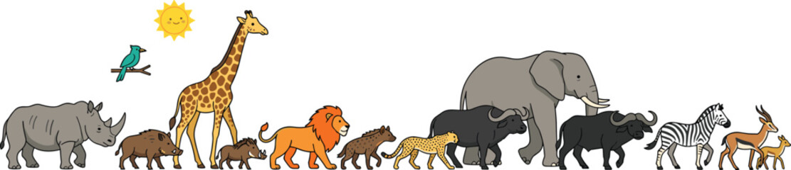 African safari animal vector set featuring illustrations of lion elephant giraffe zebra rhino and other savanna wildlife. © Rakib