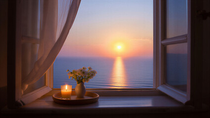 Fototapeta premium Atardecer místico frente al mar con vela y flores blancas en una ventana abierta. Reflejo dorado, paz absoluta y calidez para el alma.