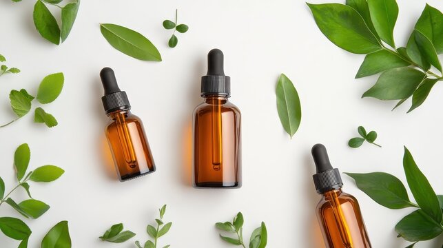 Amber glass dropper bottles with natural green leaves, representing eco-friendly organic skincare and beauty products.