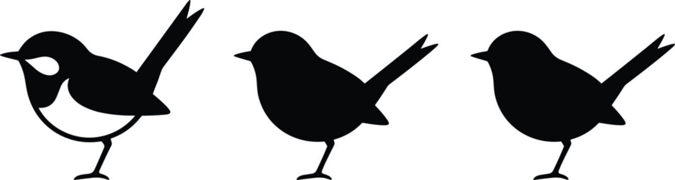 Collection of black bird silhouettes and line art wren icons isolated on white background for nature landscape design.