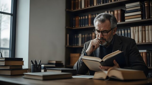 Thoughtful Senior Man Reading Book in Library Office
