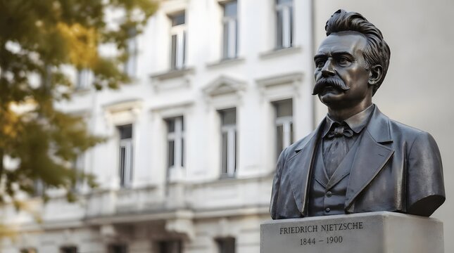 Bronze Bust of Friedrich Nietzsche in Front of Classical Building