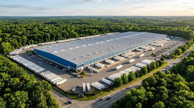 Large Logistics Warehouse Building with Trucks Aerial View