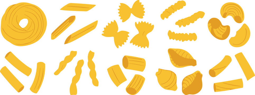 Collection of diverse dry pasta shapes featuring penne fusilli farfalle macaroni and conchiglie for traditional Italian cooking.
