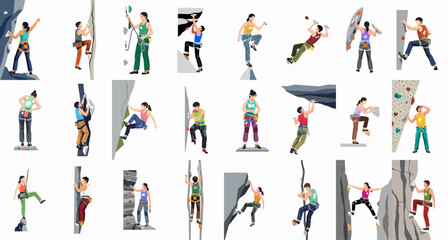 A diverse collection of flat vector illustrations featuring men and women rock climbing and bouldering in various indoor and outdoor settings. © Sabiqul