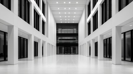 Fototapeta premium A spacious, modern, monochrome interior with high ceilings, large windows, and symmetrical architectural elements creating a sleek, minimalist corporate or public space.