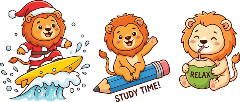 Cute lion character vector set featuring illustrations of surfing santa studying on a pencil and relaxing with coconut.
