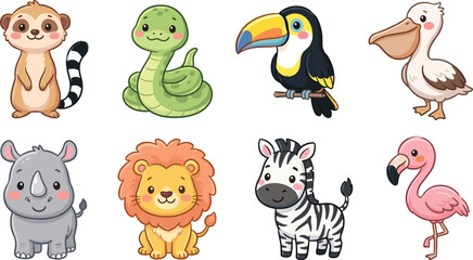 Cute wild animal character set featuring lion zebra rhino flamingo toucan meerkat snake and pelican in cartoon style. © Rakib