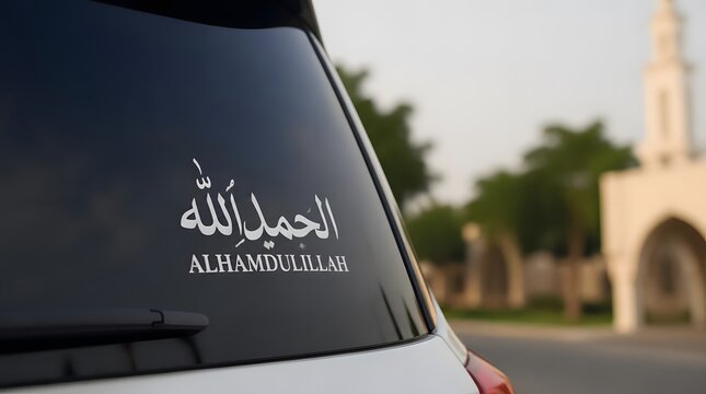 Elegant Car Window Sticker with Alhamdulillah Script in Front of Park and Architektur