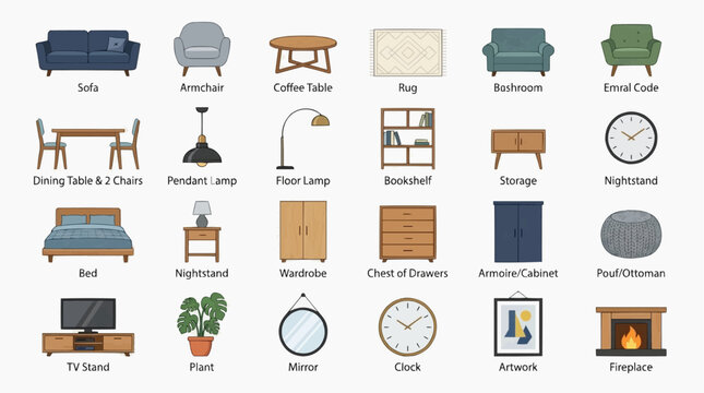 A collection of home furnishings and decor items arranged on a white background