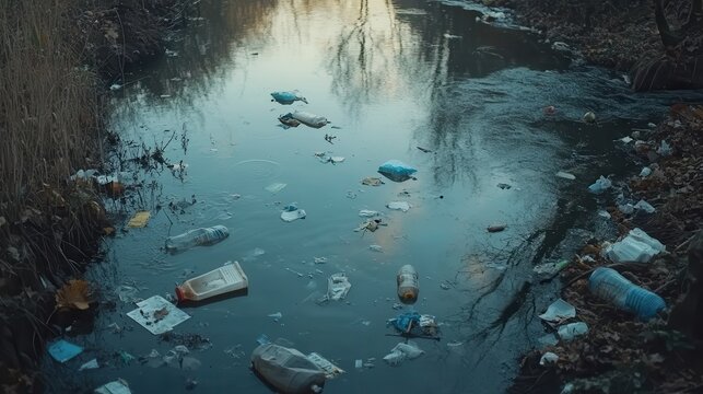Floating plastic trash debris polluting a murky river with reflections of trees on the surface, an environmental crisis