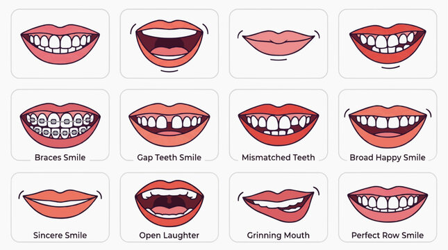 [Smile Types] showing various mouth expressions in a clean white background.