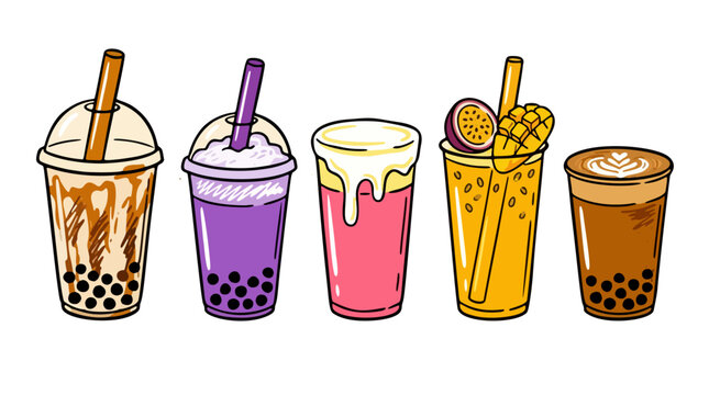 assortment of bubble tea and fruit drink stickers with passion fruit coffee and taro milk tea