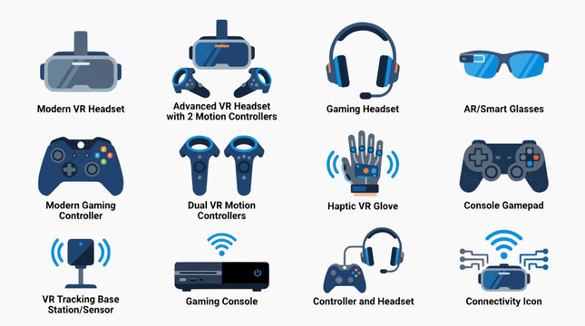 Modern VR and gaming accessories displayed on a white background.