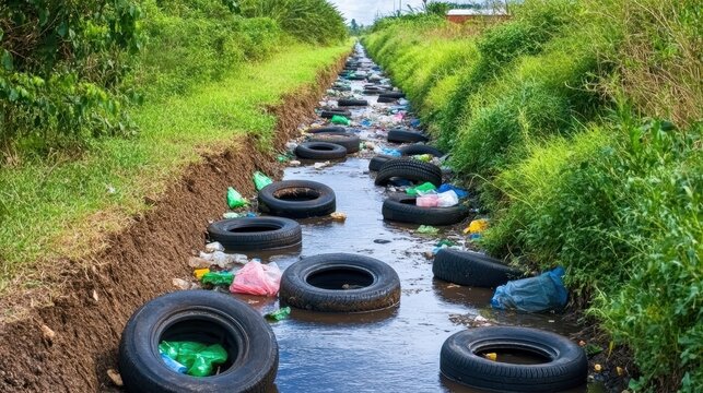 Discarded tires and plastic waste litter a dirt road ditch on a bright daylight day, highlighting environmental pollution issues.