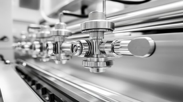 Detailed close-up view of sleek industrial automation machinery with high contrast and metallic finish