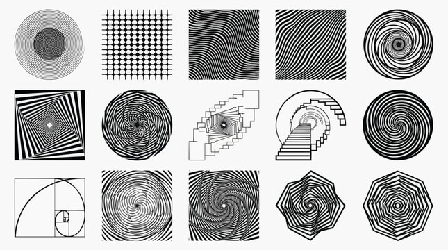 A collection of geometric patterns and designs including spirals, grids, and fractals arranged on a clean white background.