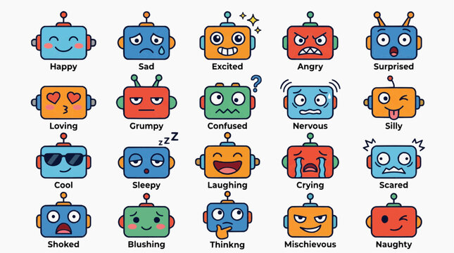 A collection of expressive robot faces showing various emotions in a clean white background.