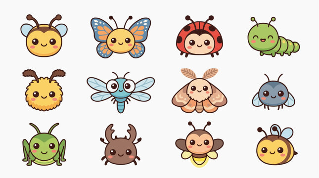 Kawaii insects and bugs on white background