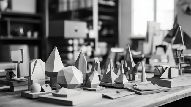 Diverse geometric models and conceptual prototypes displayed in a creative studio environment