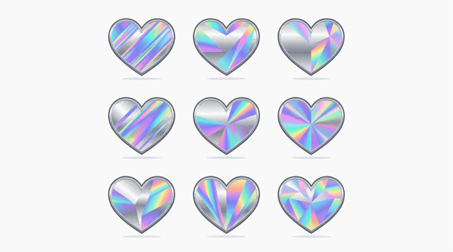 Heart icons with holographic patterns arranged in a grid on a white background.