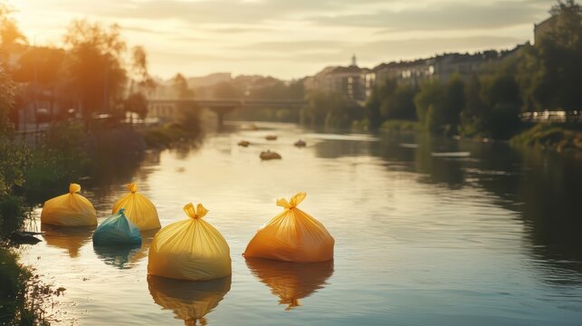 Discarded plastic bags float on the surface of a city river reflecting soft golden hour light against an urban background.