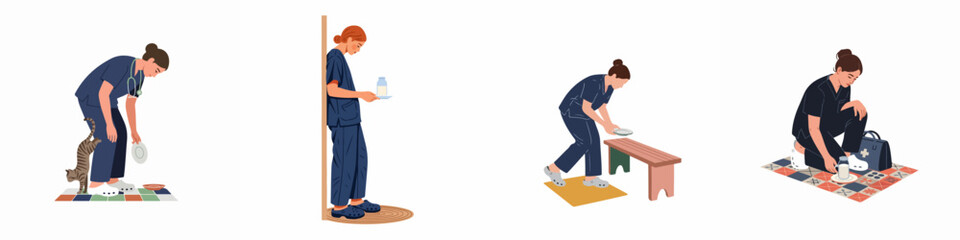 Fototapeta premium Set of flat vector illustrations featuring female healthcare workers and veterinarians in blue scrubs caring for animals and providing nourishment.