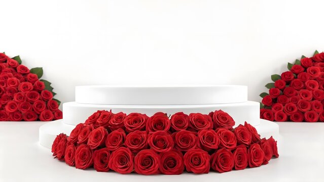 Elegant Product Podium with Red Roses on Minimal White Background