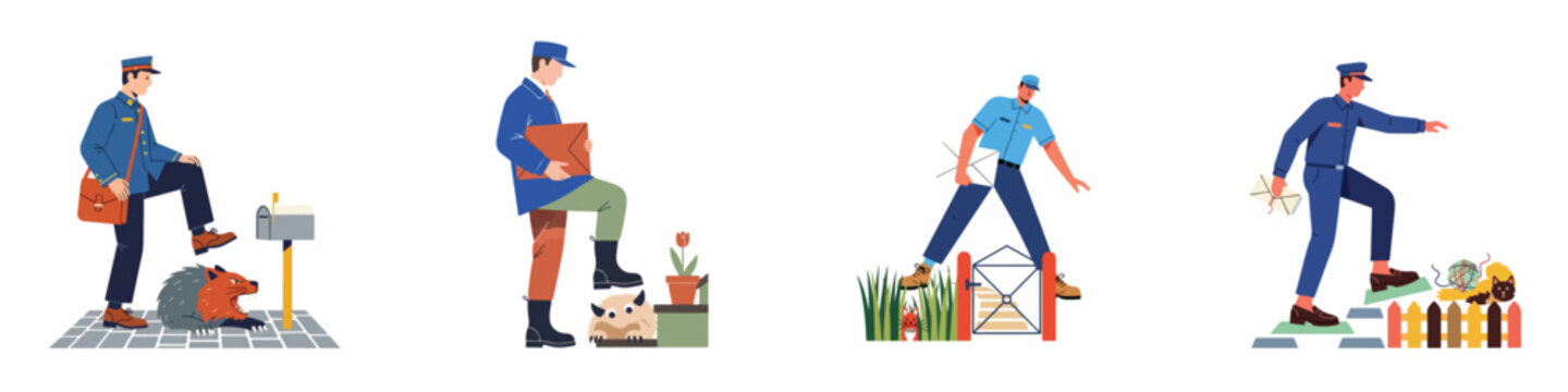 Collection of mail carriers navigating humorous obstacles and animals while delivering letters and packages in flat vector illustration style.
