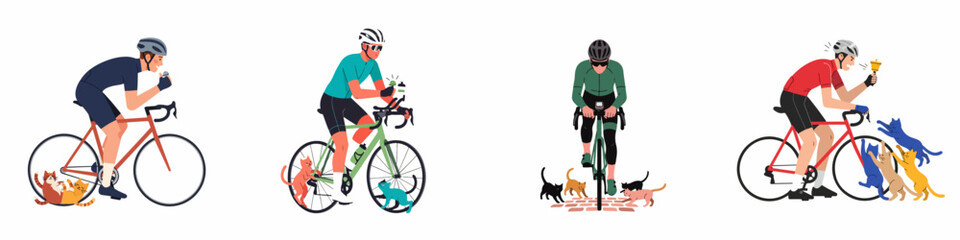 Fototapeta premium Humorous Illustration Set of Cyclists Facing Challenges and Obstacles Created by Playful Cats on the Road