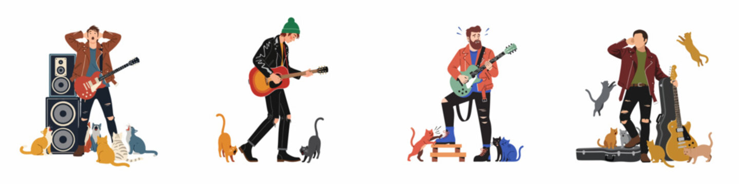 Vector flat illustrations of musicians playing guitar while dealing with various comical cat-related distractions in a set of four isolated scenes.