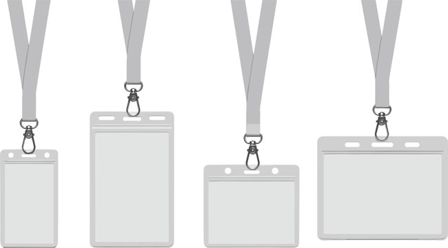 Blank ID badge holders set, lanyard name tag mockup vector illustration collection isolated