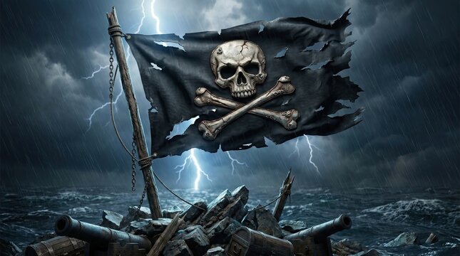 Pirate Flag in a Storm: A tattered pirate flag, emblazoned with a skull and crossbones, flutters defiantly against a backdrop of a fierce thunderstorm over a stormy sea.