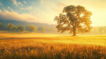 Fototapeta premium Golden sunrise illuminates a vast rural landscape with a majestic oak tree in a sun-drenched field