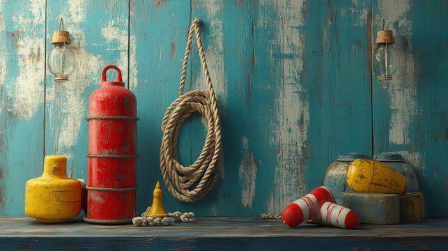 Rustic nautical elements including coiled rope, red buoy, and weathered wood dock with soft coastal ambiance