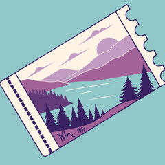 Ticket with beautiful mountain and lake landscape.