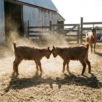 Two young goats playfully butt heads in a dusty farmyard, with a barn and another goat in the background under a bright sky.