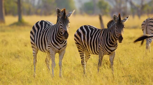 A zebra herd in Tanzania's Serengeti National Park in East Africa's savannah.