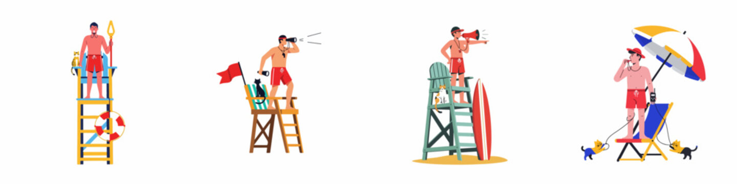 Vector illustration set of male lifeguards on duty at the beach with cat companions, featuring observation towers, megaphones, and safety equipment.